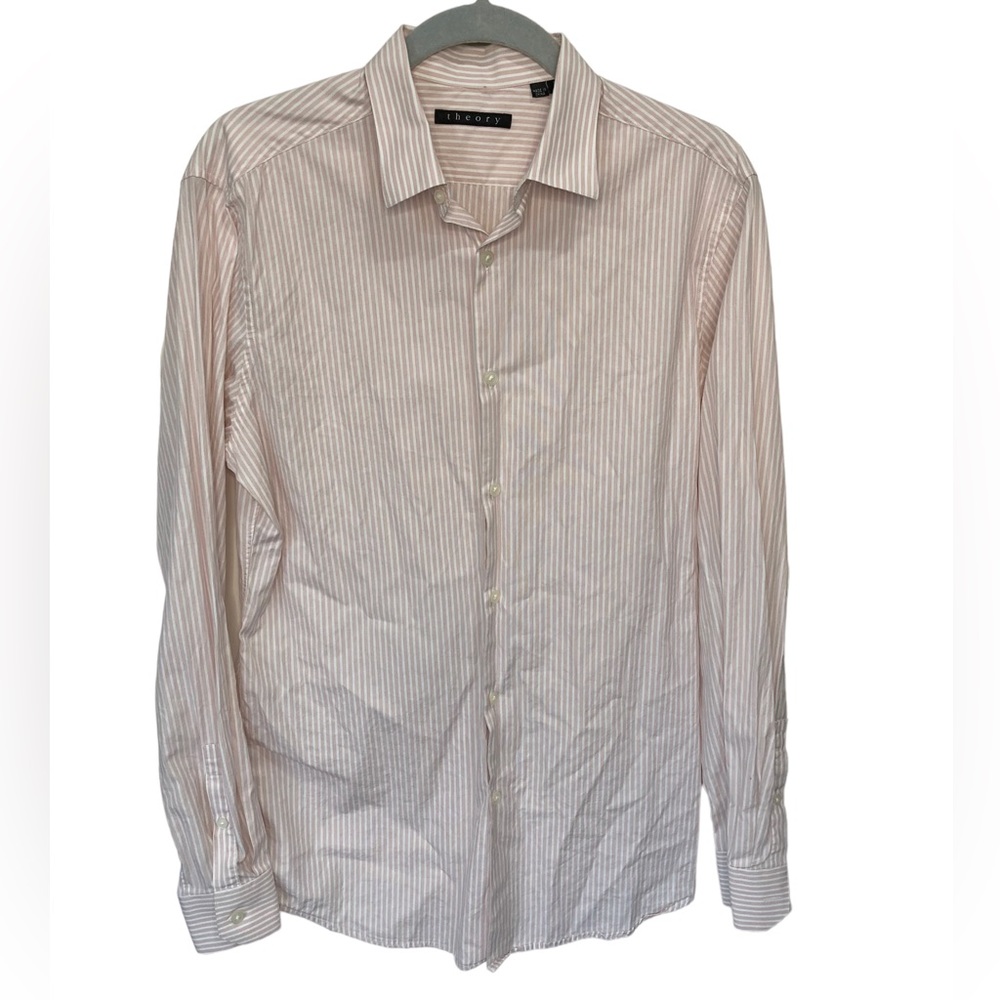 Theory Mens Button Down Shirt Pink/White Stripes‎